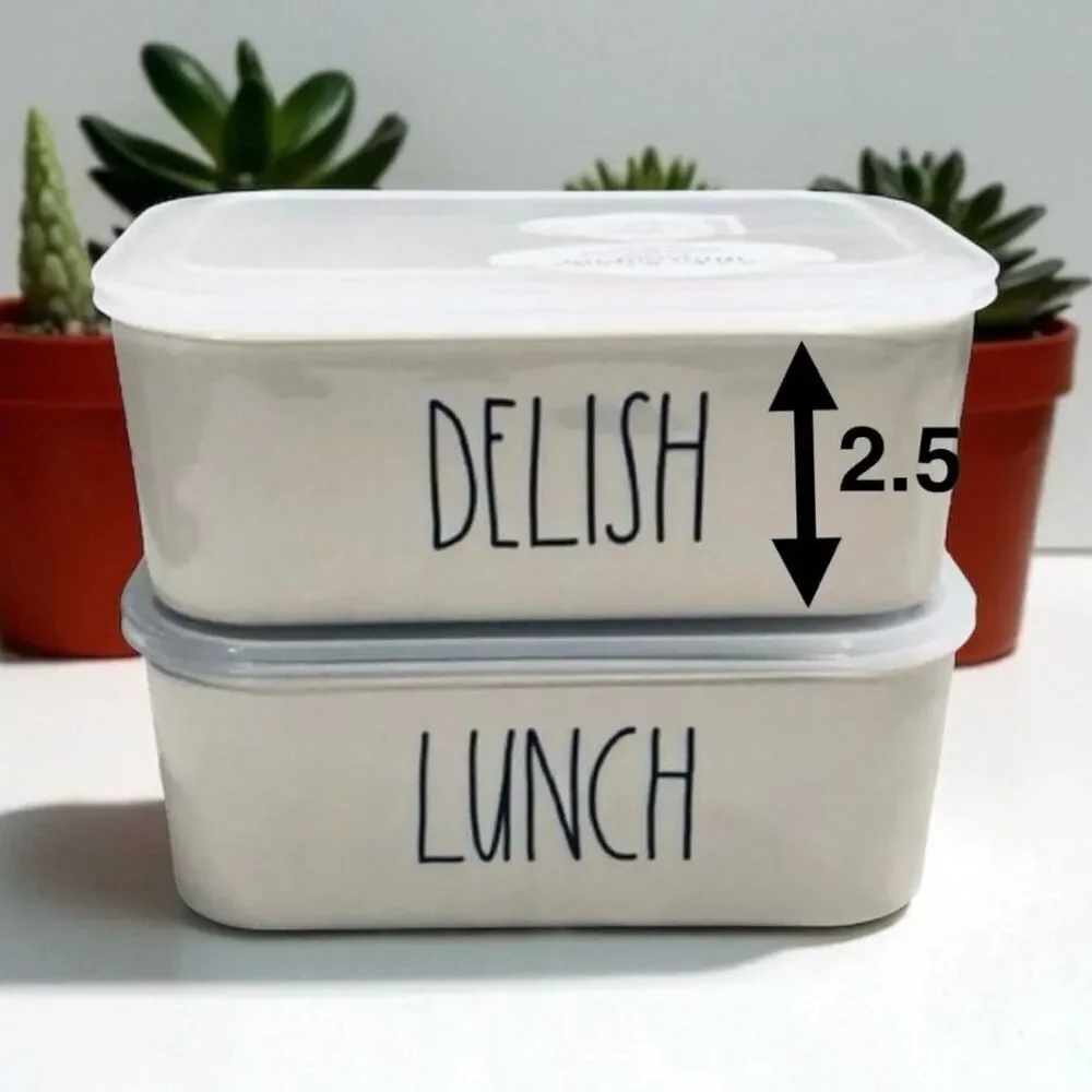 NWT Gorgeous Rae Dunn 2 pcs Lunch & Delish Ceramic Containers Set w/ Vented Lid